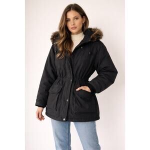 Vintage London Fog Fur Trim Parka Coat Black Hooded Winter Jacket Women’s Size M